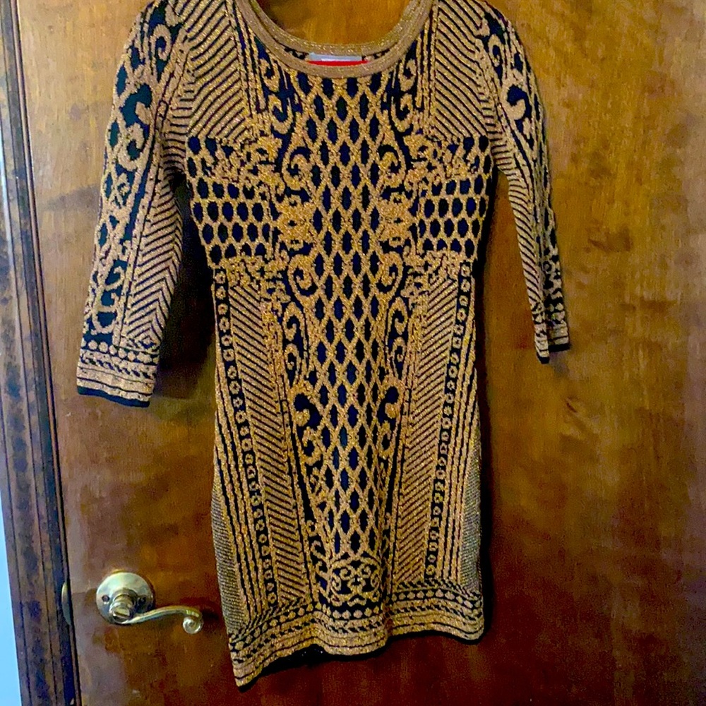 Gold and black sweater mini dress